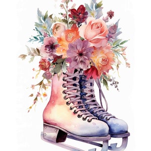 Può includere: Un paio di pattini da ghiaccio vintage adornati con un bouquet di fiori ad acquerello in tonalità rosa, arancio e viola. I fiori sono disposti intorno alla parte superiore dei pattini, creando un design fantasioso e romantico.