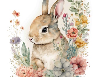 Watercolor Adorable Baby bunny in flowers, easter wall art, Digital Art Print / Instant Download Printable ArtCommercial Use