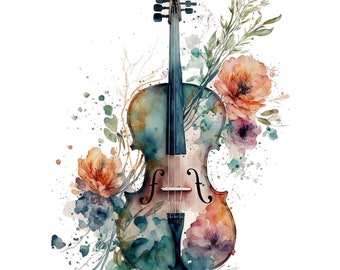 Watercolor Floral Violin Digital Art Print / Instant Download Printable ArtCommercial Use