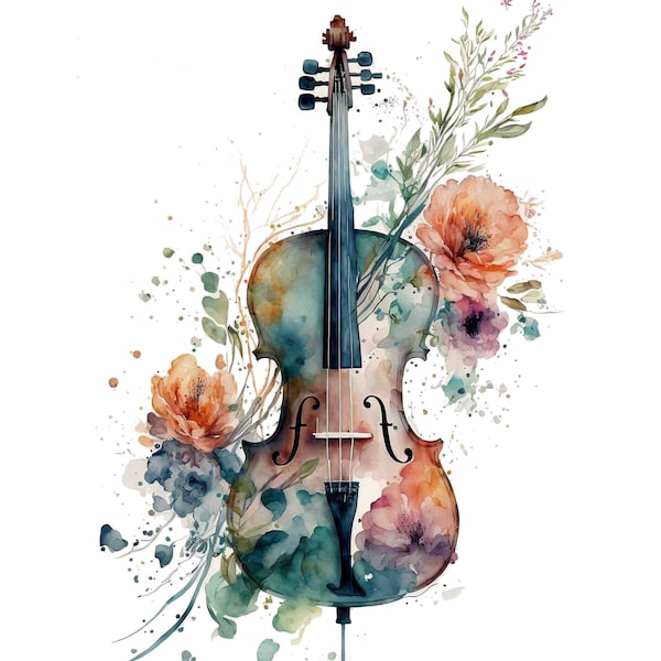 Watercolor Floral Violin Digital Art Print / Instant Download Printable ArtCommercial Use