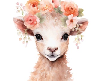 Watercolor Baby Lamb with Pink Peach Flower Crown, easter wall art, Digital Art Print / Instant Download Printable ArtCommercial Use