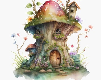 May include: A whimsical watercolor painting of a fairy house built into a tree trunk with a mushroom cap roof. The house has a wooden door, windows, and a ladder leading up to the top. The house is surrounded by green foliage and flowers.