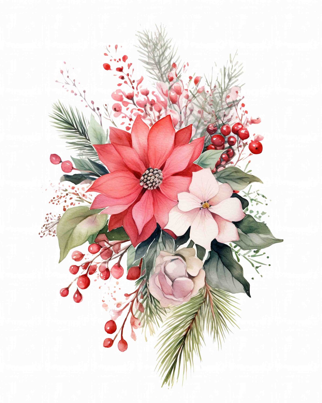 Watercolor Christmas Flowers, Winter Holiday Digital Art Print ...