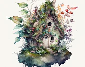 May include: A watercolor painting of a small, moss-covered cottage with a thatched roof, surrounded by lush greenery and flowers. The cottage sits on a floating island with a blue and green watercolor background.
