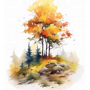 Watercolor Autumn Forest Vignette, Fall Nature Digital Art Print / Instant Download Printable ArtCommercial Use