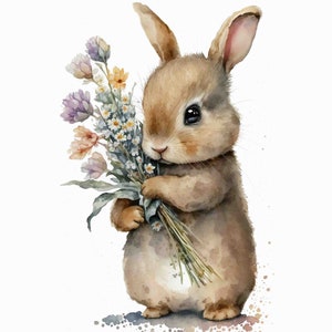 Watercolor Bunny with Flowers Art, wall art, Digital Art Print / Instant Download Printable Art Commercial Use