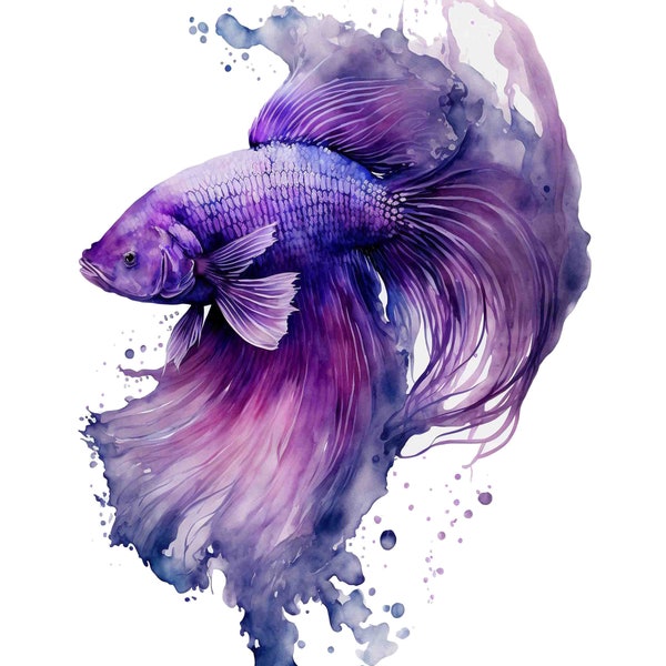 Watercolor Purple Betta Fish, Digital Art Print / Instant Download Printable Art Commercial Use