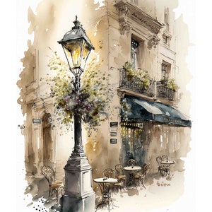 Watercolor Cafe in Paris vignette Digital Art Print / Instant Download Printable ArtCommercial Use