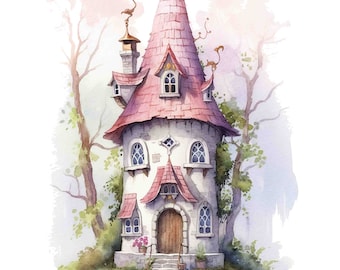 May include: A watercolor painting of a whimsical, white tower house with a pink roof and a brown door. The house is surrounded by green trees and a small body of water.