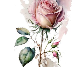 Impresión de arte digital con flor de rosa rosa en acuarela / Descarga instantánea Arte imprimible Uso comercial