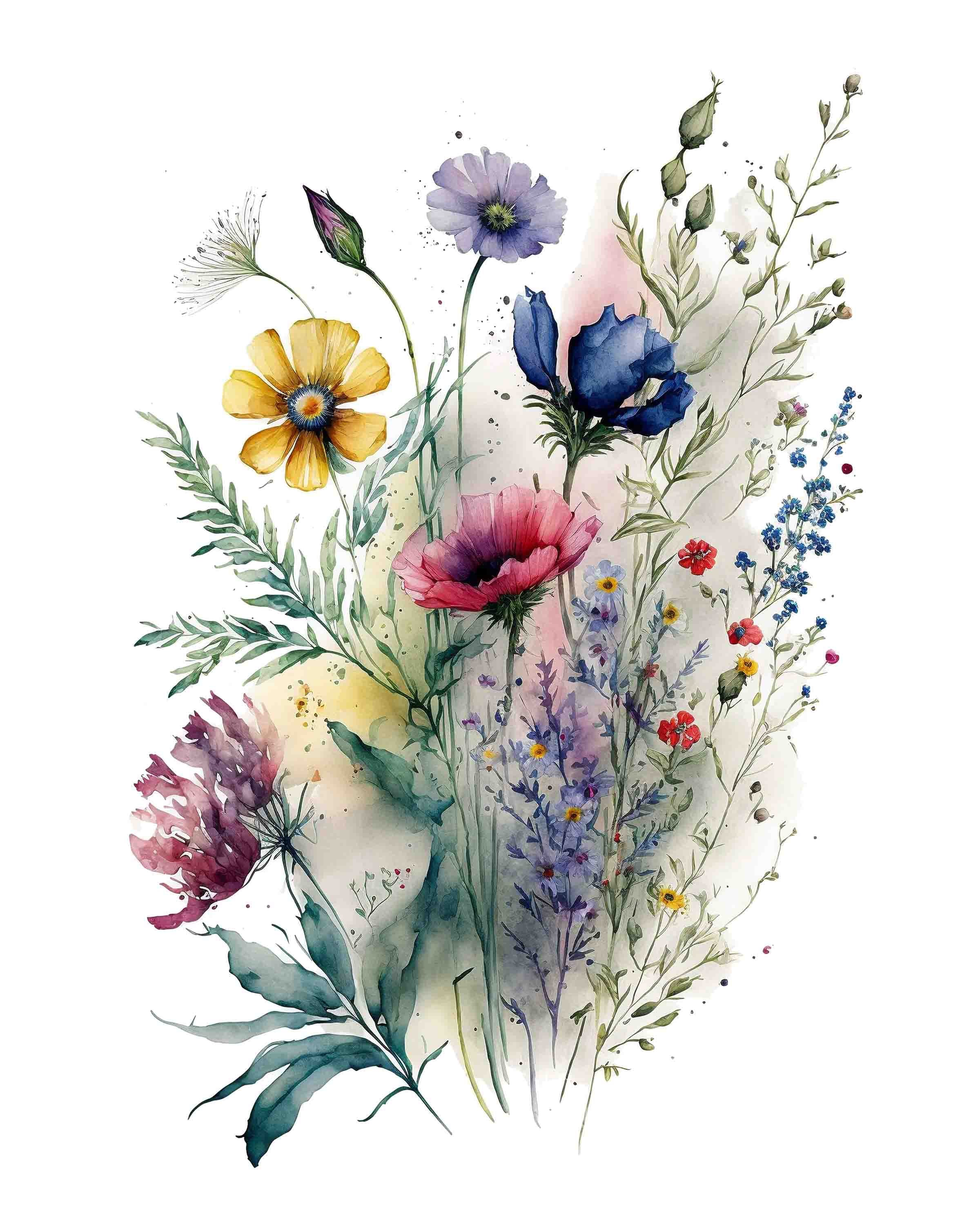 Watercolor Wild Flowers Summer Flower Digital Art Print / - Etsy