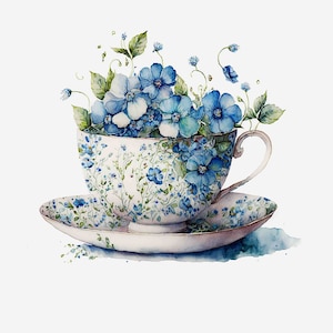 Könnte beinhalten: Eine weiße Teetasse und Untertasse mit einem blauen Blumenmuster, gefüllt mit blauen und weißen Blumen. Die Blumen fallen aus der Tasse und auf die Untertasse.