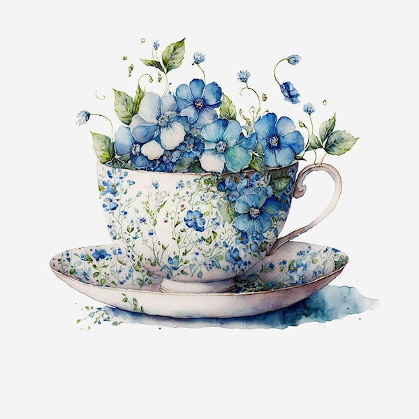 Watercolor Floral Blue Teacup  Digital Art Print / Instant Download Printable ArtCommercial Use