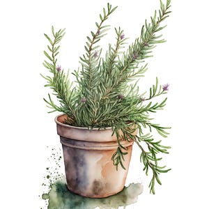 May include: A watercolor painting of a potted rosemary plant with green leaves and purple flowers. The plant is in a terracotta pot with a brown and green watercolor background.