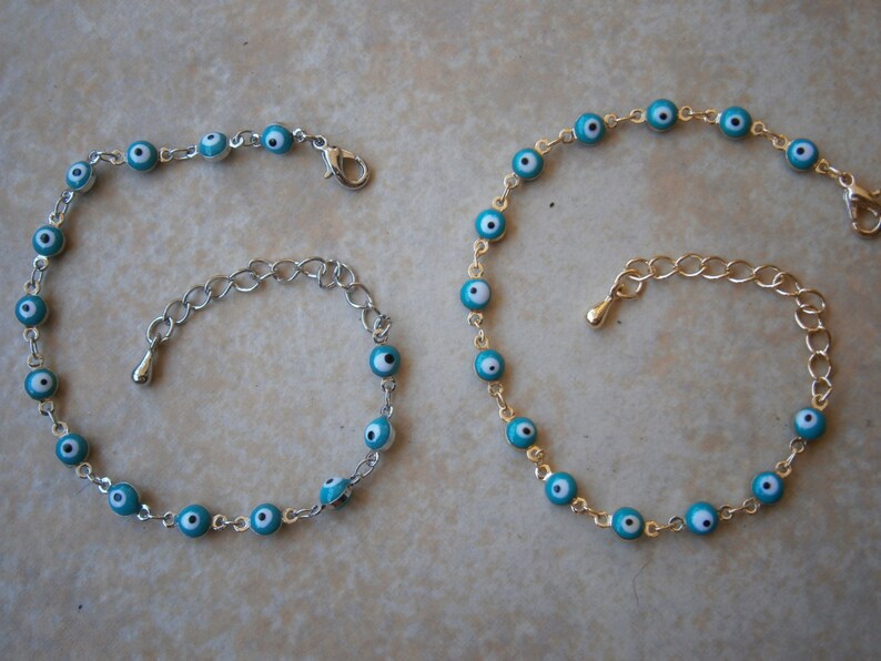 GREEK EVIL EYE Silver /& Gold Tone Baby Blue Color Rainbow round 6mm bead bracelet Charm Nazar Mati Turkish beads Greece judaica hamsa