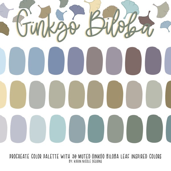 Ginko Biloba Leaves Inspired Procreate Color Palette, Pastel Muted Blue, Violet and Yellow Swatches for Digital Lettering Illustration