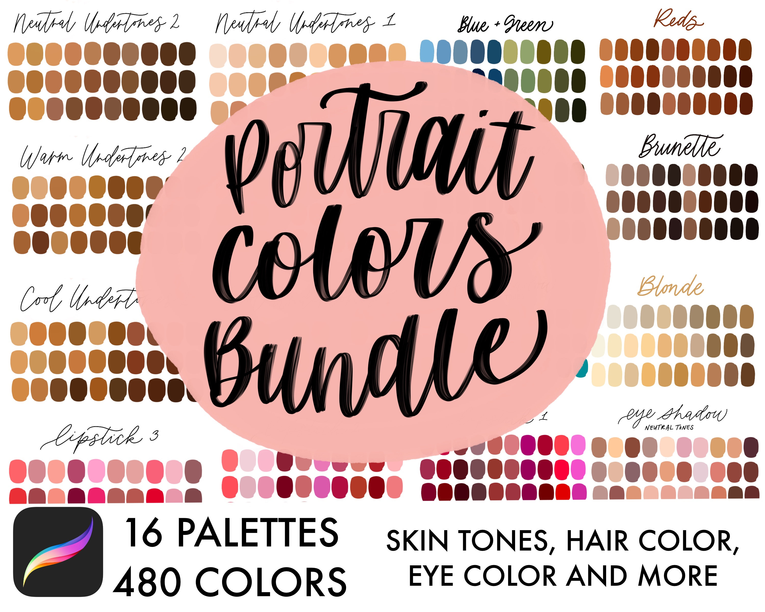Paquete de Colores para Retrato en Procreate – 16 paletas, 480 muestras para piel, cabello, ojos y maquillaje
