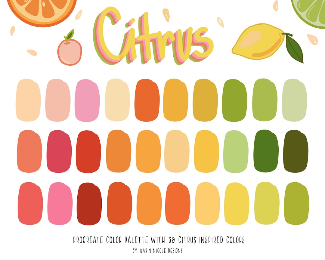 Citrus Inspired Color Palette for Procreate Orange, Green, Pink