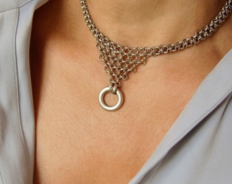 Silver O-Ring Collar: Handmade Triangular Drop Necklace