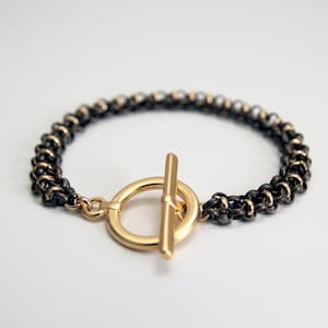 Gold and Brass T Bar Bracelet, Linked Toggle Bracelet, Two Tone T bar Bangle, Brass and Gold Rolo Chain Bracelet, Handmade Gift