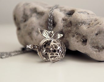 Silver Snitch Pendant Necklace, Openable Locket Pendant, Filigree Cage Charm, Pregnancy Bola, Ball with Wings, Unique Handmade Gift