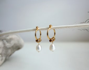 Pearl Drop Hoops, Pearl Huggie Hoop Earrings, Pearl Drop Earrings, Bridal Earrings, Bridesmaid Gift, Pearl Jewelry, Gift for Mom