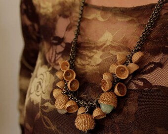 Golden Acorn Brass Chain Necklace: Nature Inspired Semi-Precious Stone Jewelry