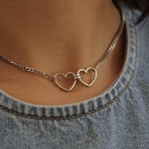 Double Heart silver Necklace, Dainty Heart Necklace, Silver Heart Charm, Stainless Steel Necklace, Heart Jewelry, Unique Gift for Her
