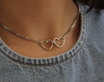 Collana con doppio cuore in argento: catena in acciaio inossidabile, gioiello fatto a mano