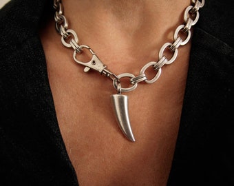 Silver Chunky Link Necklace, Tusk Pendant Necklace, Horn Necklace, Tooth Necklace, Thick Charm Chain, Teeth Jewelry, Handmade Gift Idea