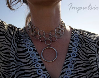 Silver Circles Choker, Loop Necklace, Round Linked Silver Choker, Large O-Ring Choker, Circle Jewelry, Unique Handmade Gift