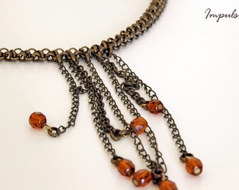 Brass Fringe Chains Necklace with beads, Halloween Jewelry, Special Gift Idea