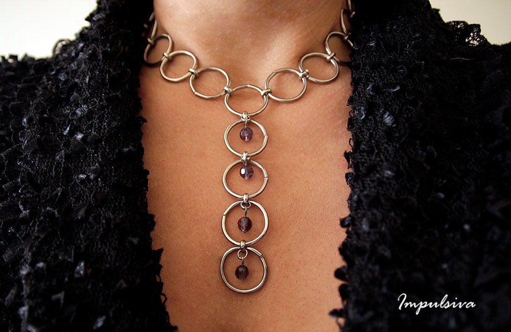 Stainless Steel Hoops Y Necklace with Gemstone Drop