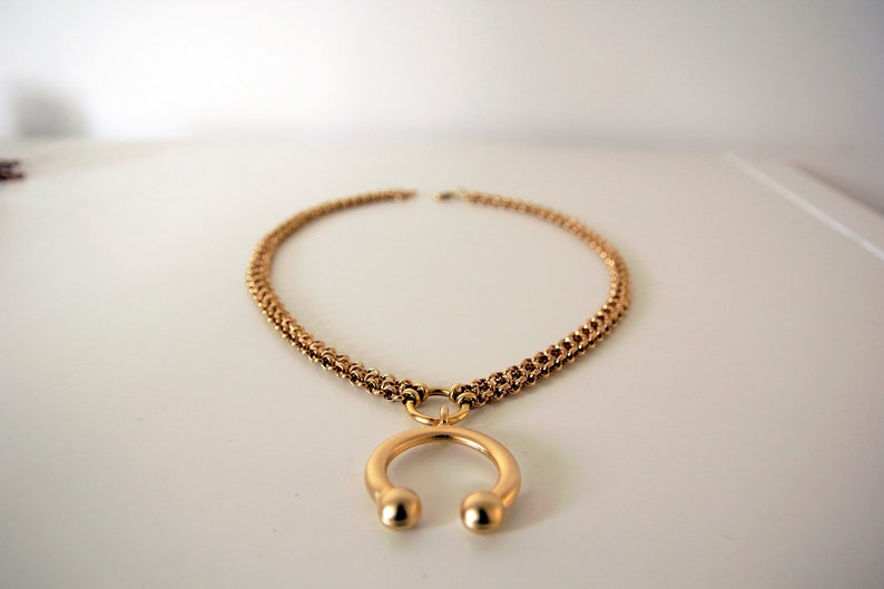 Mad Max Collar Custom Statement Gold Collar with Curved Barbell Pendant Gold Mesh Choker Woven Gold Necklace