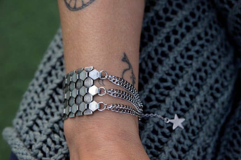 Silver Wide Scale Mail Armor wrist bracelet, Chunky Multi-Chain Cuff Bracelet, Statement Bracelet, Silver chain Bracelet, Rock Bracelet