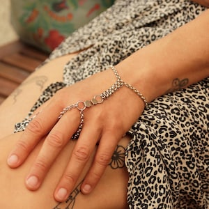 Sterling Silver Plated Hand Chain Bracelet with Ring: Geometric Stainless Steel Harness