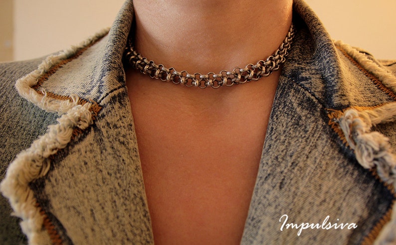 Mad Max Collar Custom Statement Gold Collar with Curved Barbell Pendant Gold Mesh Choker Woven Gold Necklace