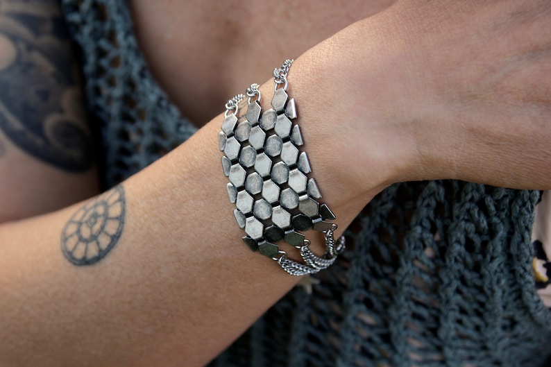 Silver Wide Scale Mail Armor wrist bracelet, Chunky Multi-Chain Cuff Bracelet, Statement Bracelet, Silver chain Bracelet, Rock Bracelet