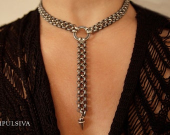 Spike Chain Choker, Statement Choker, Spike Drop Necklace, Bold Cleavage Choker, Discreet Day Collar, Grunge Jewelry, Unique Gift