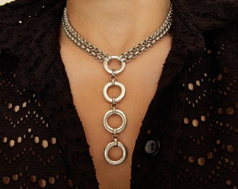 Chunky Circle Dangle Choker Necklace: Two-Strand Chain Link