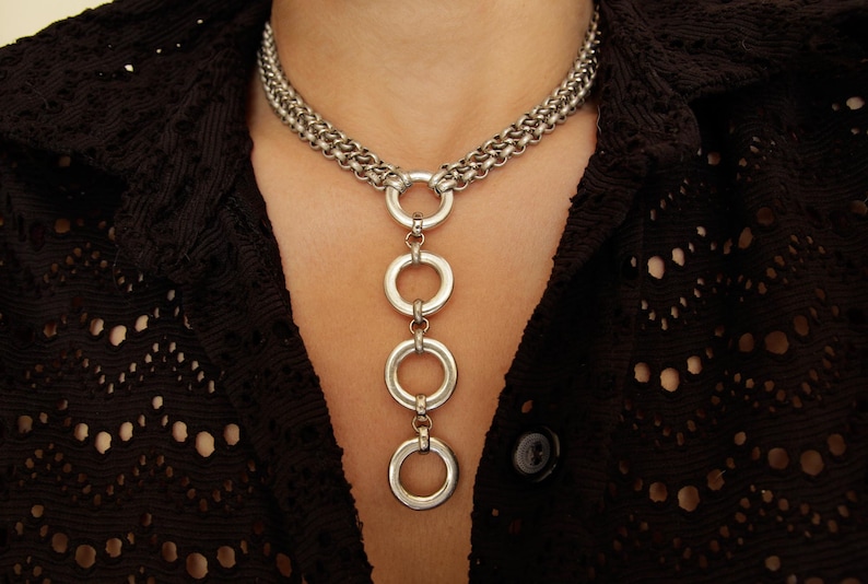 Drop Hoop Chain Necklace, Circle Dangle Necklace, Bondage BDSM Inspired Jewelry, Handmade Gift Idea image 1