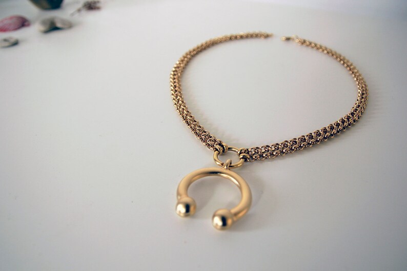 Mad Max Collar Custom Statement Gold Collar with Curved Barbell Pendant Gold Mesh Choker Woven Gold Necklace