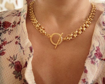 Gold Plated Chunky Link Necklace: Two-Strand Rolo Chain