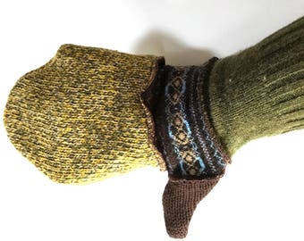 New and Upcycled Recycled Lined sweater mitten gloves in greens and browns. Warm and soft.