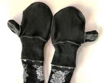New and Upcycled Recycled Lined sweater mitten gloves in black n silver accents with thumb guards