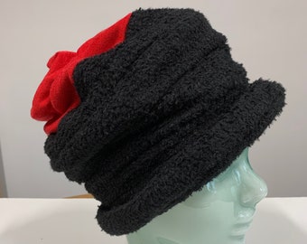 Vegan cozy soft warm free-formed black fleece with poly red winter hat. Free Shipping.