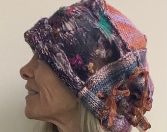 Large Rainbow hand-felt and knit free formed hand stitched winter warm hat. Loads of texture and color Free Ship USA.