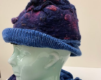 Blue hand-felt lined winter warm blue hat with hand-knit brim. Free Ship USA.