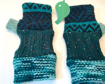 Up cycled Repurposed Recycled sweater texting Patchwork VEGAN no wool fingerless gloves in aqua blue tones. FREE Shipping