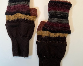 Brown and fall tones upcycled sweaters not fingerless patchwork gloves. Great for fun, school, texting, cashiers, wrist warmer,fingers free.